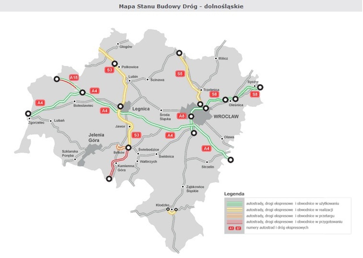 Mapa stanu budowy dróg - woj. dolnośląskie, źródło: GDDKiA