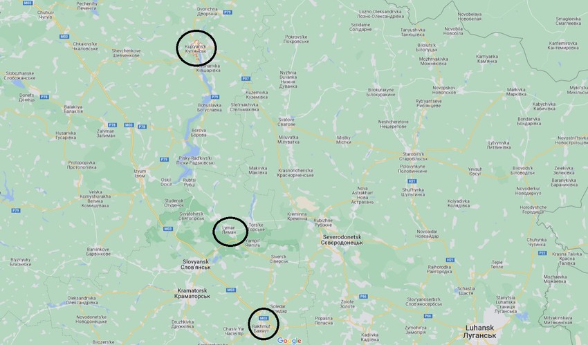 Kupjansk, Liman i Bahmut na mapi