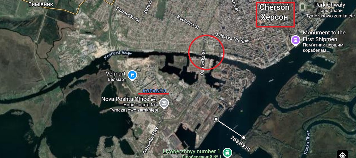 Chersoń- rejon potencjalnego desantu. W kole zaznaczono miejsce uszkodzonego mostu.