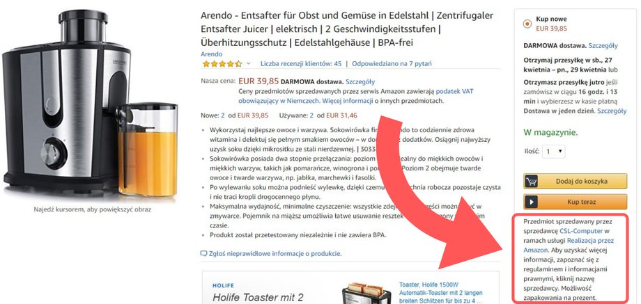 Ten towar jest sprzedawany przez zewnętrzną firmę, ale jego wysyłką zajmuje się Amazon.