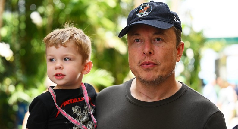 Elon Musk with his son, X  A-Xii.Clive Mason - Formula 1/Formula 1 via Getty Images