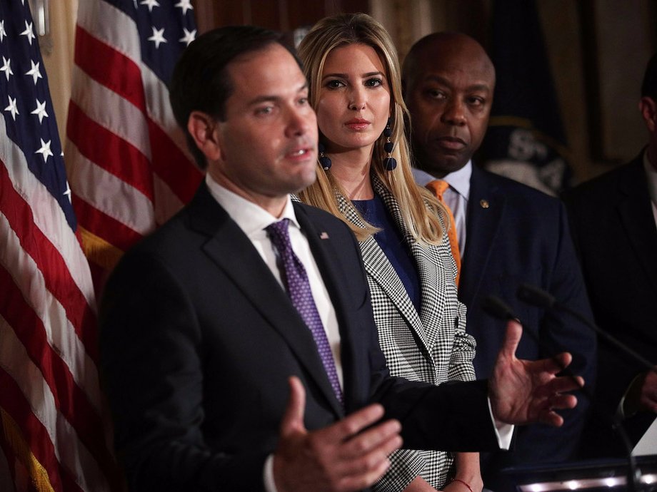 Ivanka Trump looks on as Sen. Marco Rubio speaks about the child tax credit at a news conference on Capitol Hill in late October.