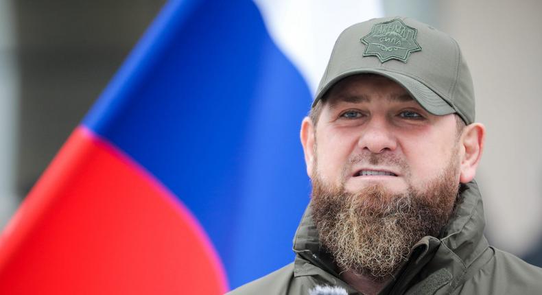 Chechen Republic Head Ramzan Kadyrov speaks during a review of the Chechen Republic's troops and military hardware, February 24, 2022.