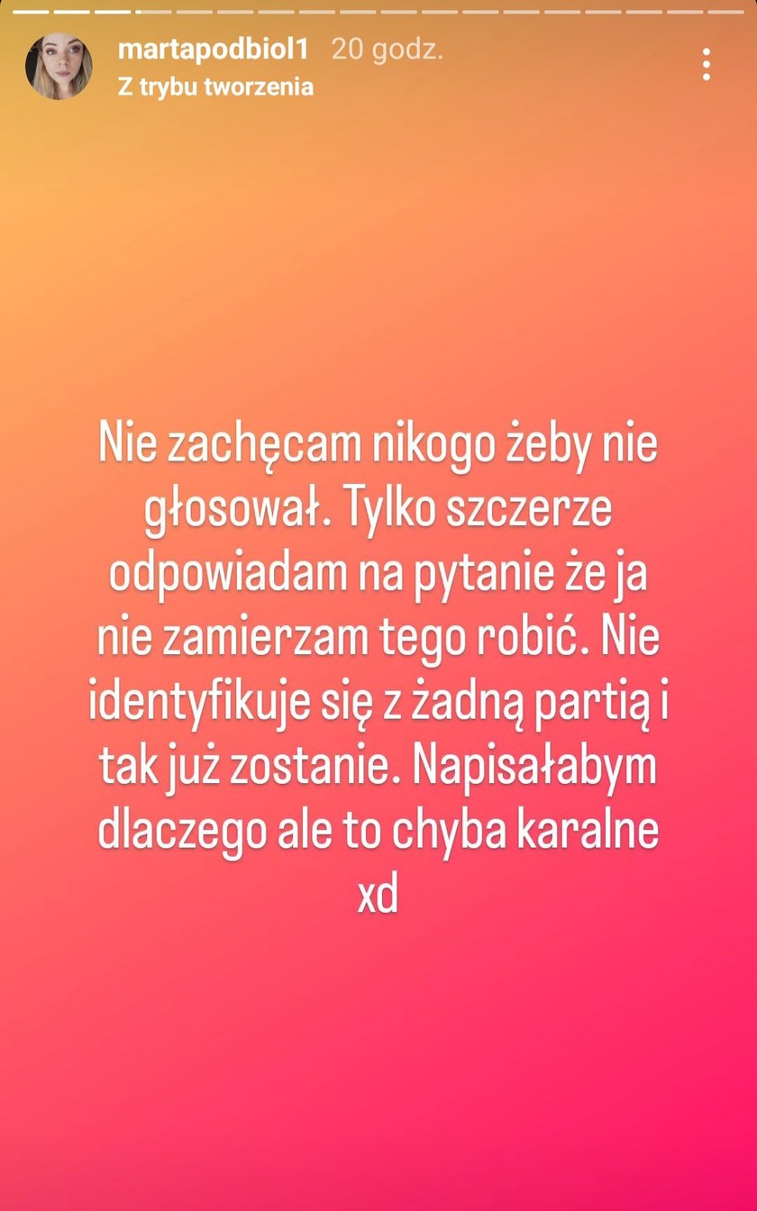 Marta Podbioł tłumaczy, dlaczego nie weźmie udziału w głosowaniu. 