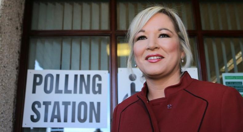 Sinn Fein's leader in Northern Ireland Michelle O'Neill leaves a polling station after casting her vote n March 2, 2017