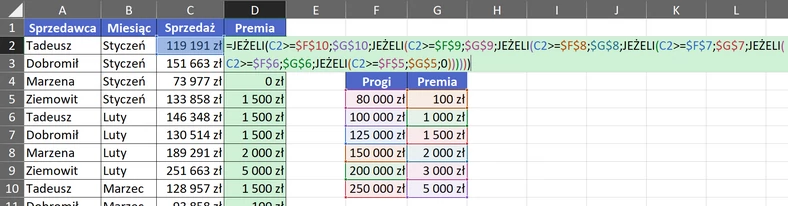 3.2  Zagnieżdżona funkcja JEŻELI do wyznaczania premii