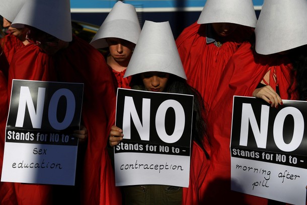 Pro-Choice activists dress up as characters from the Handmaid's Tale in a City centre demonstration 