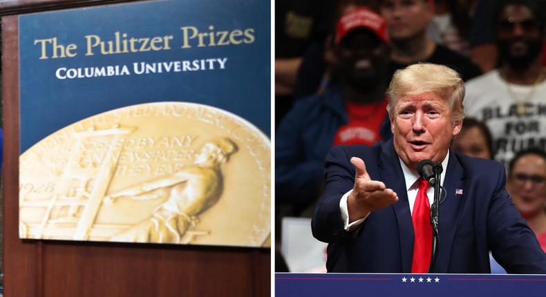 A podium for the Pulitzer Prizes and former President Donald Trump