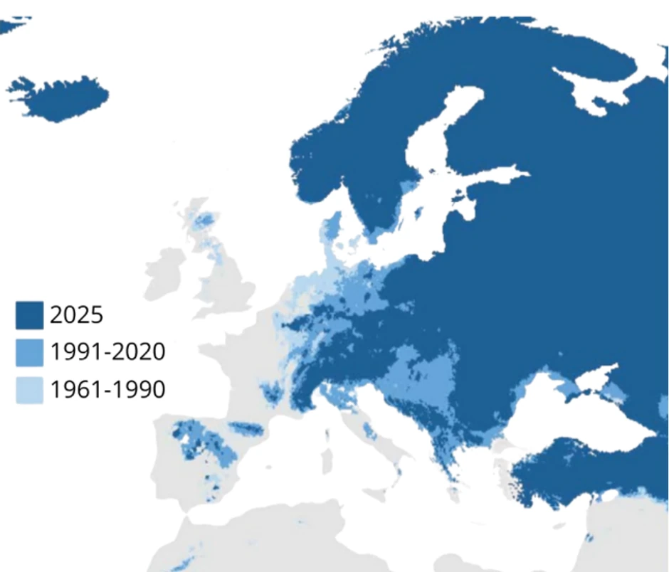 Svetlije plave teritorije su nekada tipično imale bar 14 uzastopnih mraznih dana tokom zime, ali to nisu zabeležile 2025 godine