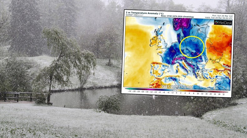 W poniedziałek zimne powietrze uderzy w Polskę (mapa: wxcharts.com)