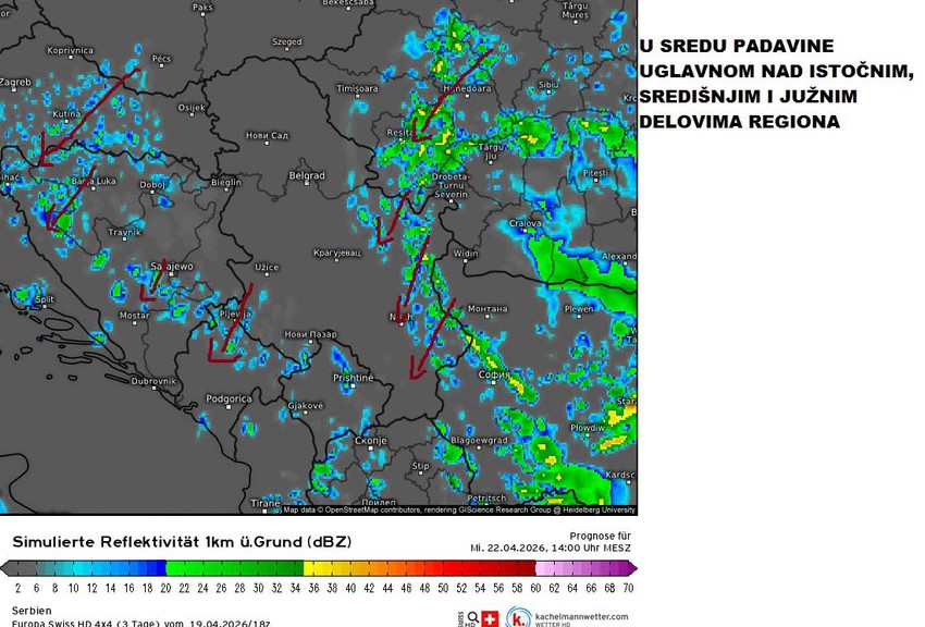 Radarski snimci padavina u sredu, 22 aprila