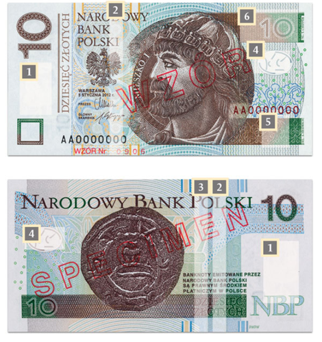 <strong>Nowe 10 zł - Źródło: NBP</strong><br /><br />

Charakterystyczne elementy zmodernizowanych banknotów:<br /><br />

1. znak wodny z cyfrowym oznaczeniem nominału widoczny pod światło na niezadrukowanym polu<br /><br />

3. pas opalizujący w kolorze turkusowym<br /><br />

4. korona w owalu, której pełny obraz tworzy się podczas oglądania banknotu pod światło <br /><br />

wyczuwalne przy dotyku, także dla osób niewidomych, oznaczenia nominału, portret władcy, godło RP, podpisy Prezesa i Głównego Skarbnika NBP<br /><br />