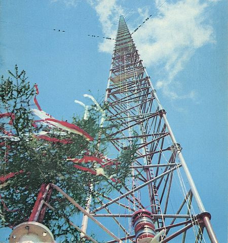 Maszt w Gąbinie (w Konstantynowie), wciąganie wiechy, zdjęcie z okładki "Młodego Technika", 1974 r.