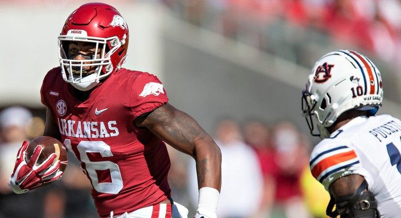 Wide receiver Treylon Burks of the Arkansas Razorbacks runs the ball during a game against the Auburn Tigers on October 16, 2021.