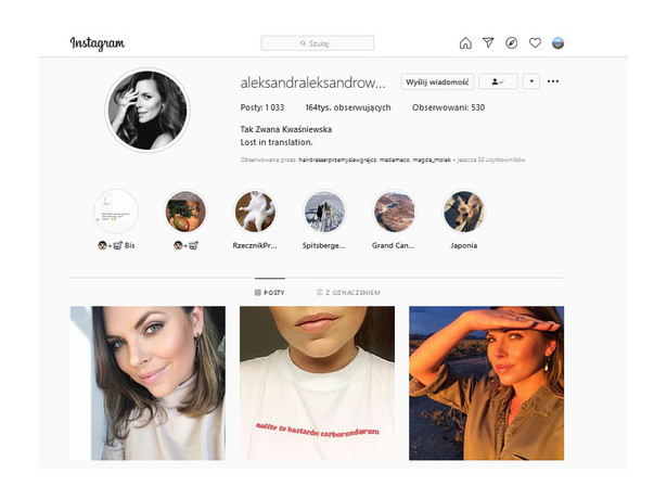 Widok profilu Aleksandry Kwaśniewskiej na Instagramie