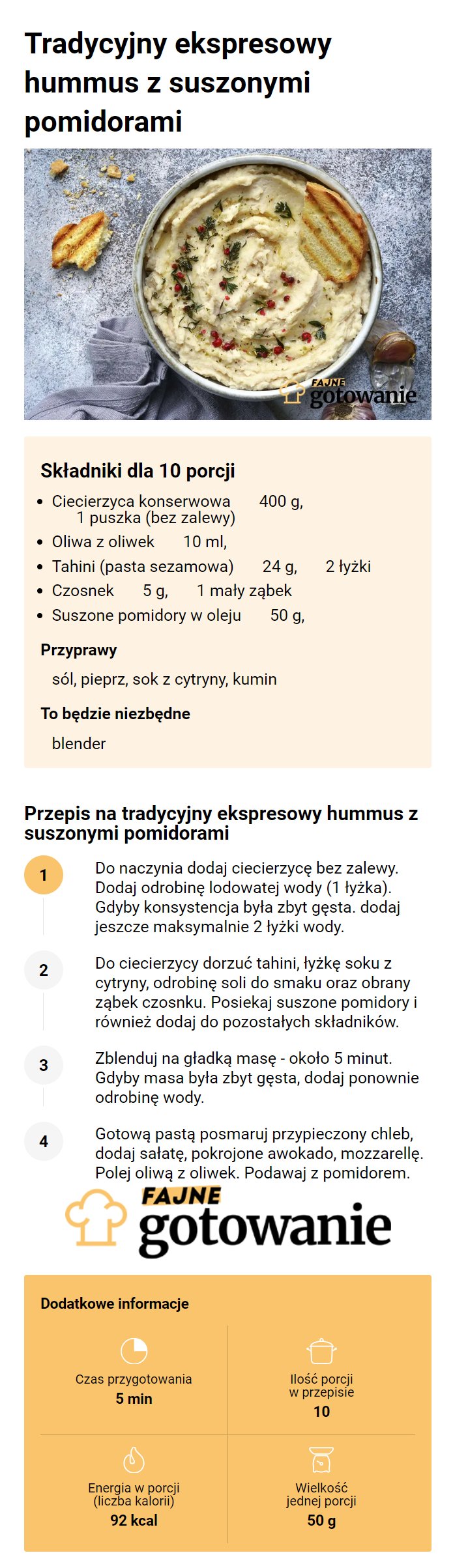 Tradycyjny ekspresowy hummus z suszonymi pomidorami