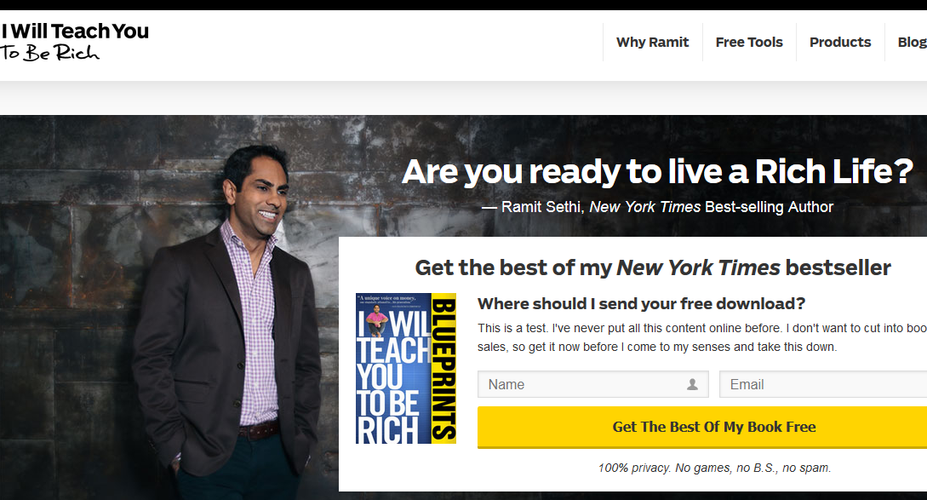Twórcą strony internetowej „I Will Teach Sou to Be Rich” jest autor bestsellerowej książki o tym samym tytule – Ramit Sethi. Obie pozycje zawierają szereg porad dotyczących zarządzania finansami osobistymi i są skierowane do osób które szukają „dużych wygranych”. Porady dotyczą prostych problemów takich jak znalezienie wymarzonej pracy, zarabianie większej ilości pieniędzy, rozpoczęcie własnego biznesu. Strona zawiera przykładowo program „oszczędzanie 1000 dol. w tygodniu”.