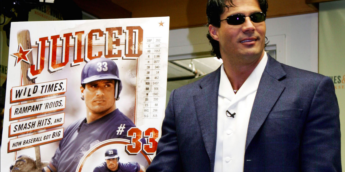 Former Major League Baseball player Jose Canseco appears at a book-signing event at a Barnes and Noble bookstore in New York, February 23, 2004.
