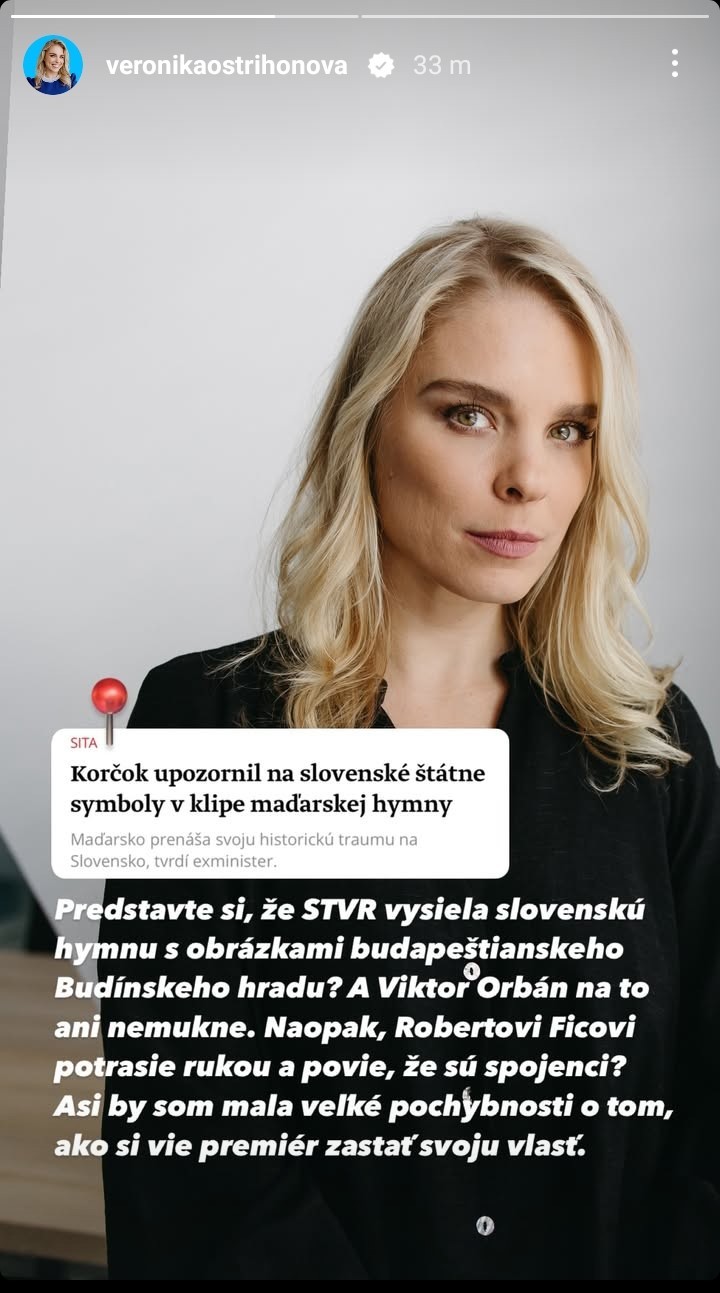 Veronika Cifrová Ostrihoňová okomentovala zábery Slovenska, ktoré sa objavili v maďarskej televízii počas toho, ako hrala ich hymna. 