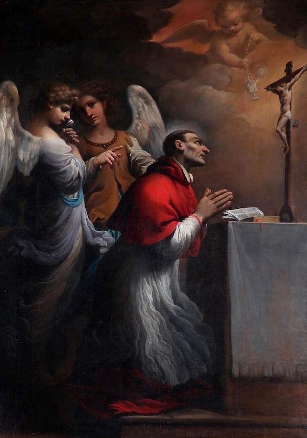 Święty Karol Boromeusz pogrążony w modlitwie (1613 lub 1614), olej na płótnie, 197,5 × 138 cm, Collegiata di San Biagio, Cento 