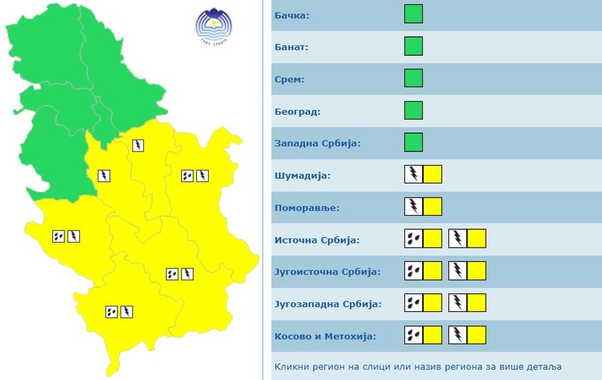 Meteolarm za ponedeljak, 18 avgust