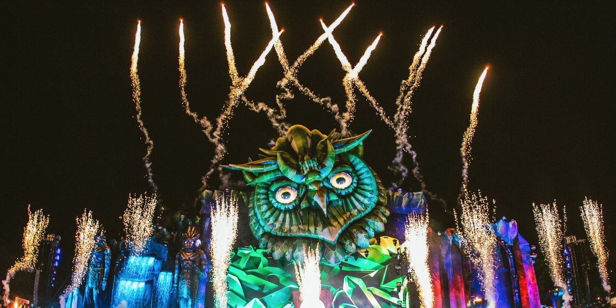 A massive owl face looked over partygoers at the EDC NY main stage at Citi Field.