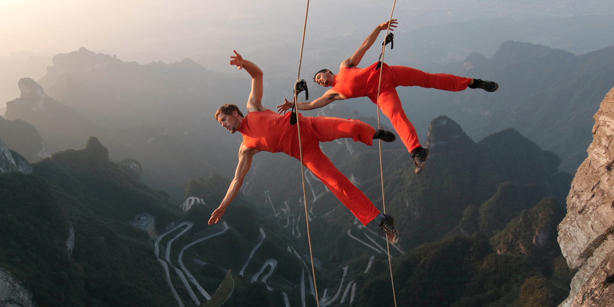 A dance group performing on the cliffs in Zhangjiajie, in China's Hunan province.