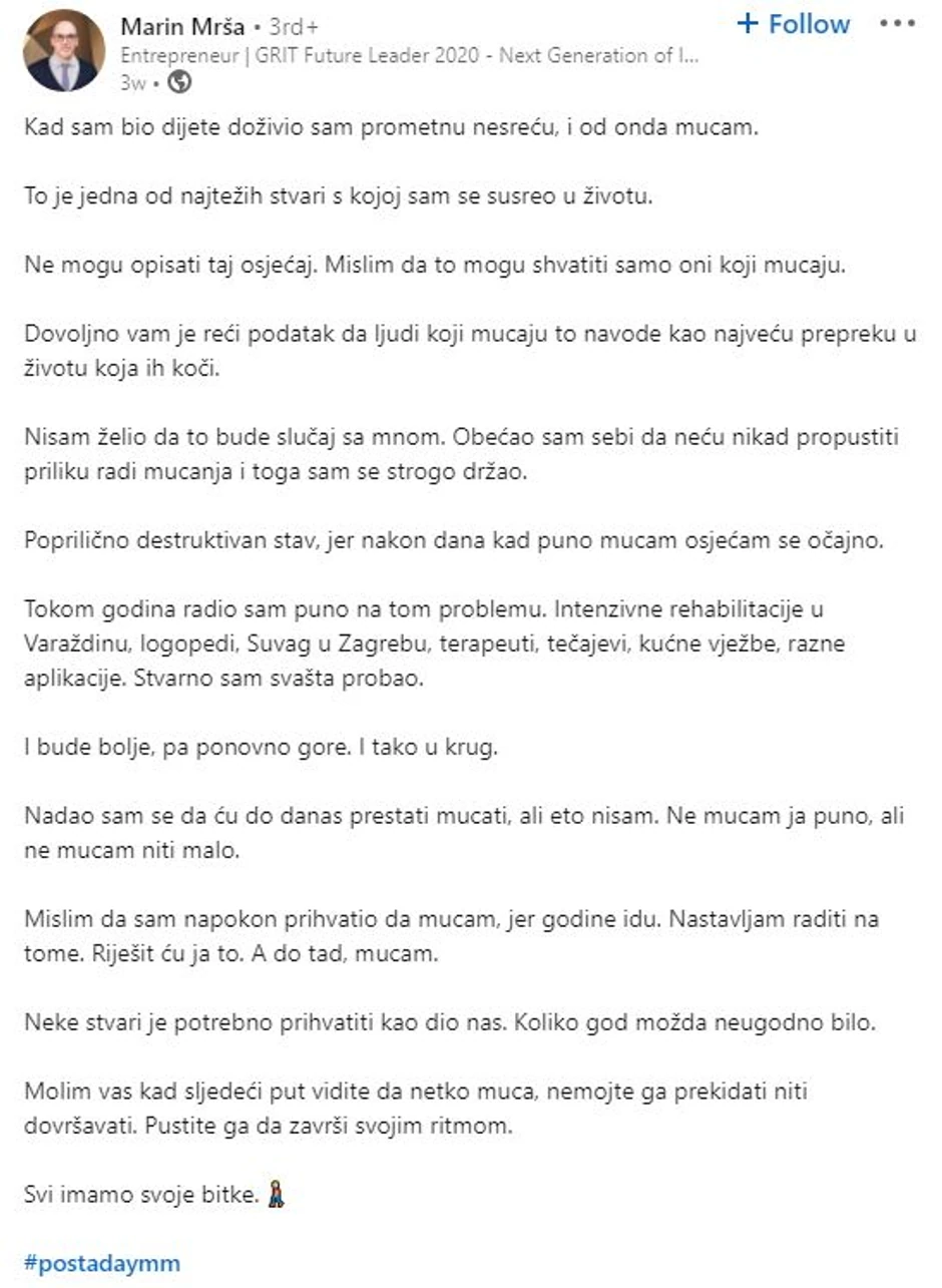 Marin je počeo da muca nakon jedne saobraćajne nezgode