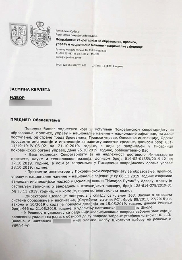 Pokrajinski sekretarijat za obrazovanje smatra da je škola uradila sve što je potrebno u ovom slučaju, dok se pravnik YUKOM-a ne slaže 