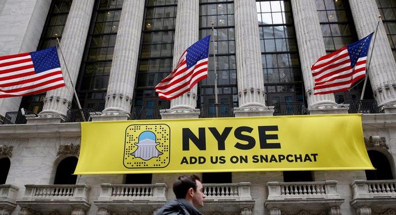 A Snapchat sign on the facade of the NYSE in New York City