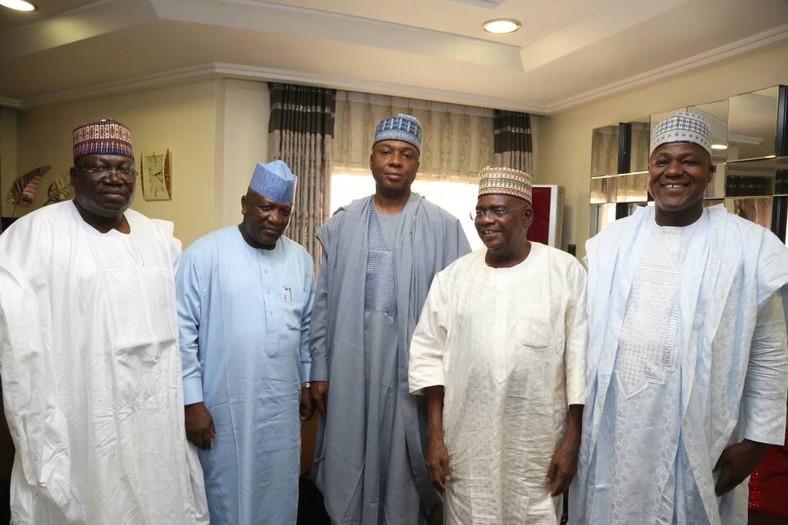 L-R: Senate Majority Leader, Senator Ahmed Lawan; Zamfara State Governor, Abdulaziz Yari; Senate President Bukola Saraki; Senator Danjuma Goje; and Speaker of the House of Representatives, Yakubu Dogara (Senate President office) 