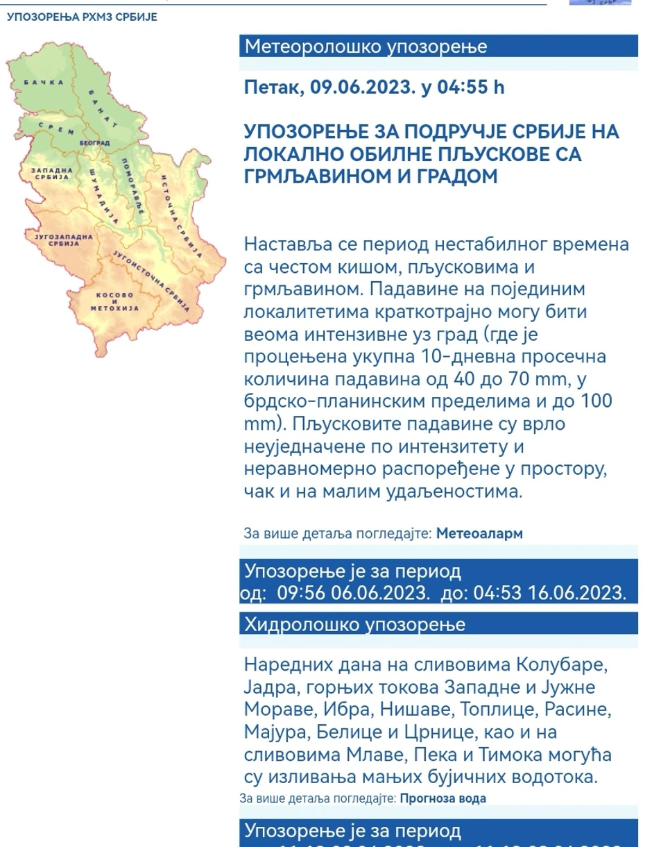 RHMZ izdao hitno upozorenje