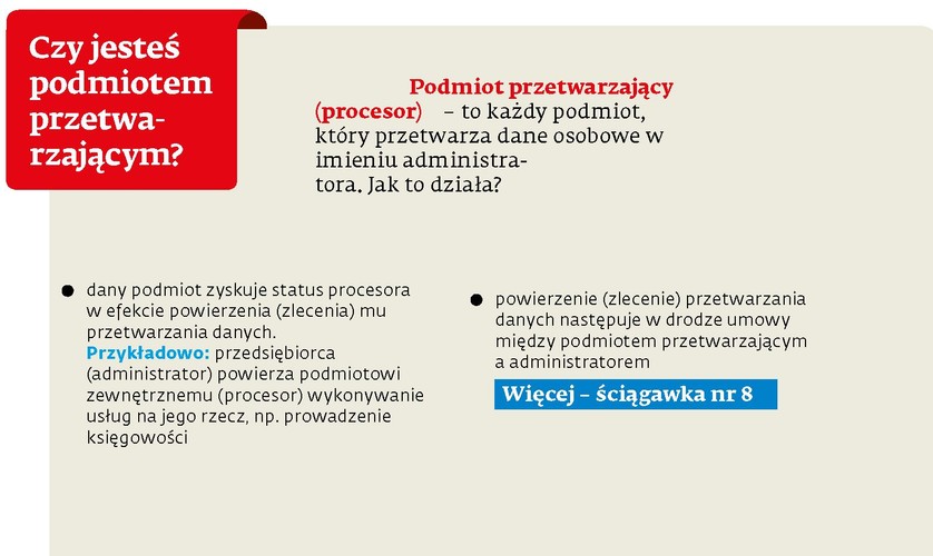 <b>UWAGA</b><br>
Do wykonania konkretnych czynności przetwarzania procesor może korzystać z usług innego podmiotu przetwarzającego (podprocesora). Takie powierzenie danych kolejnemu podmiotowi jest jednak możliwe tylko za uprzednią, pisemną zgodą administratora. <br>
Na podprocesora powinny zostać nałożone – w drodze umowy – zasadniczo te same obowiązki, które pierwszy procesor ma w swojej umowie z administratorem. Mimo to, jeśli podprocesor nie wywiąże się ze swoich obowiązków, to odpowiedzialność za to względem administratora nadal spoczywa na procesorze.