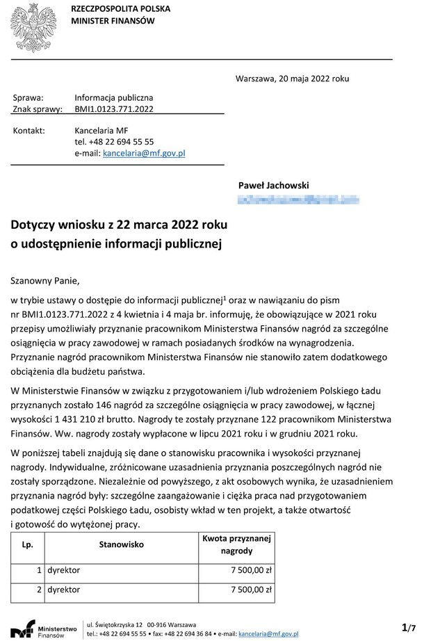 Odpowiedź z Ministerstwa Finansów dla „Gazety Wyborczej ws. nagród, przyznanych za Polski Ład 