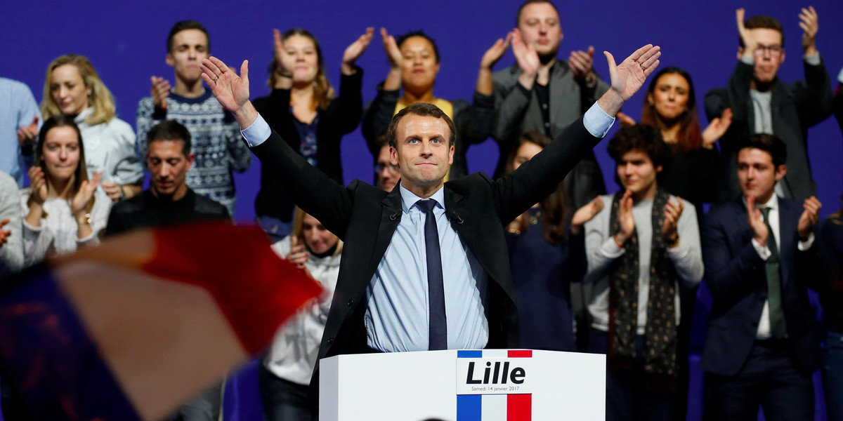 Emmanuel Macron, head of the political movement En Marche !, or Forward !, and candidate for the 2017 French presidential election, sings the French national anthem at the end of a political rally in Lille, France January 14, 2017.