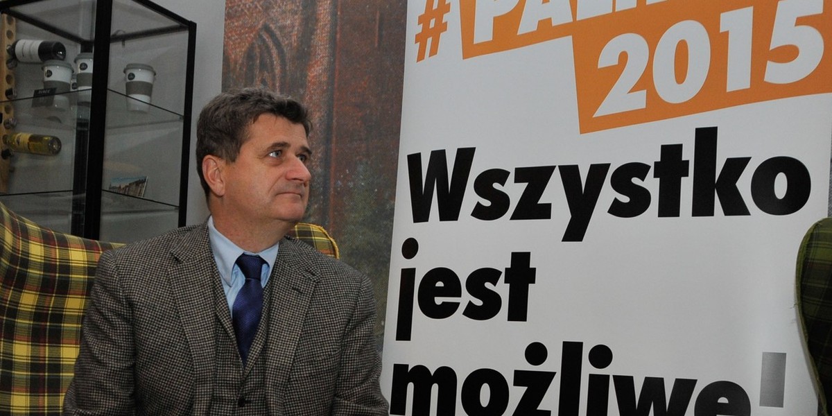 Rok 2015. Janusz Palikot na spotkaniu z prezydentem Słupska Robertem Biedroniem, byłym posłem jego partii