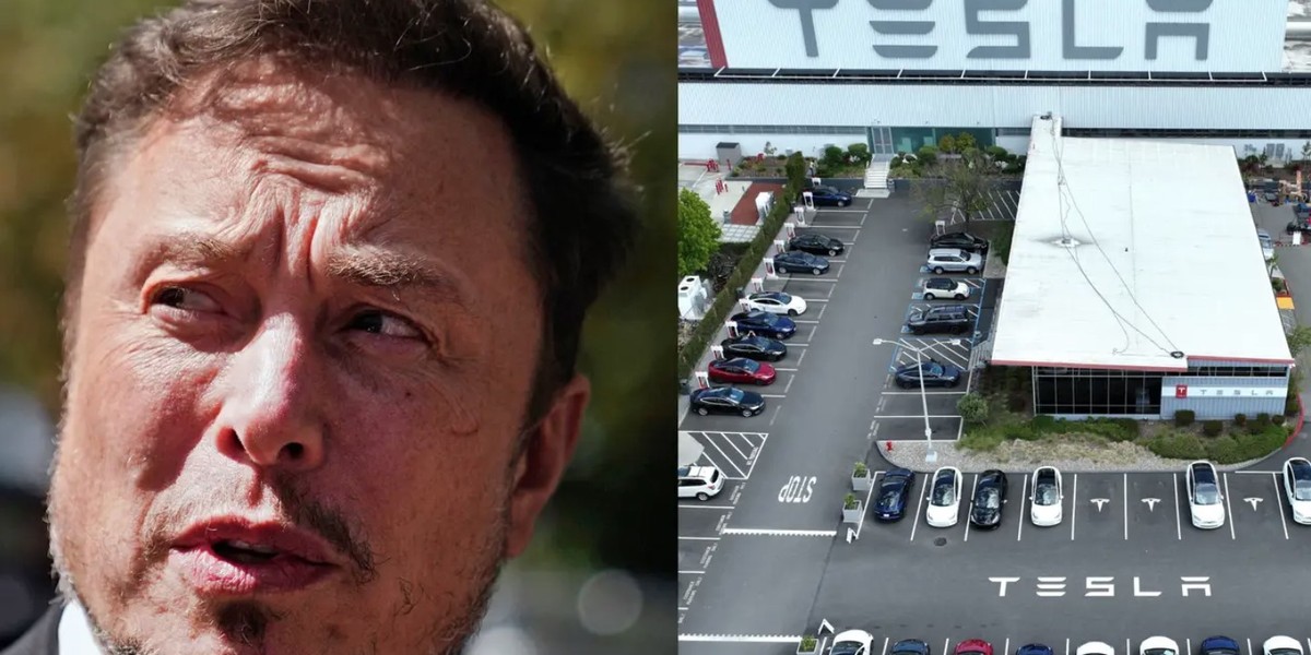 Dyrektor generalny Tesli Elon Musk i fabryka Tesli we Fremont w Kalifornii