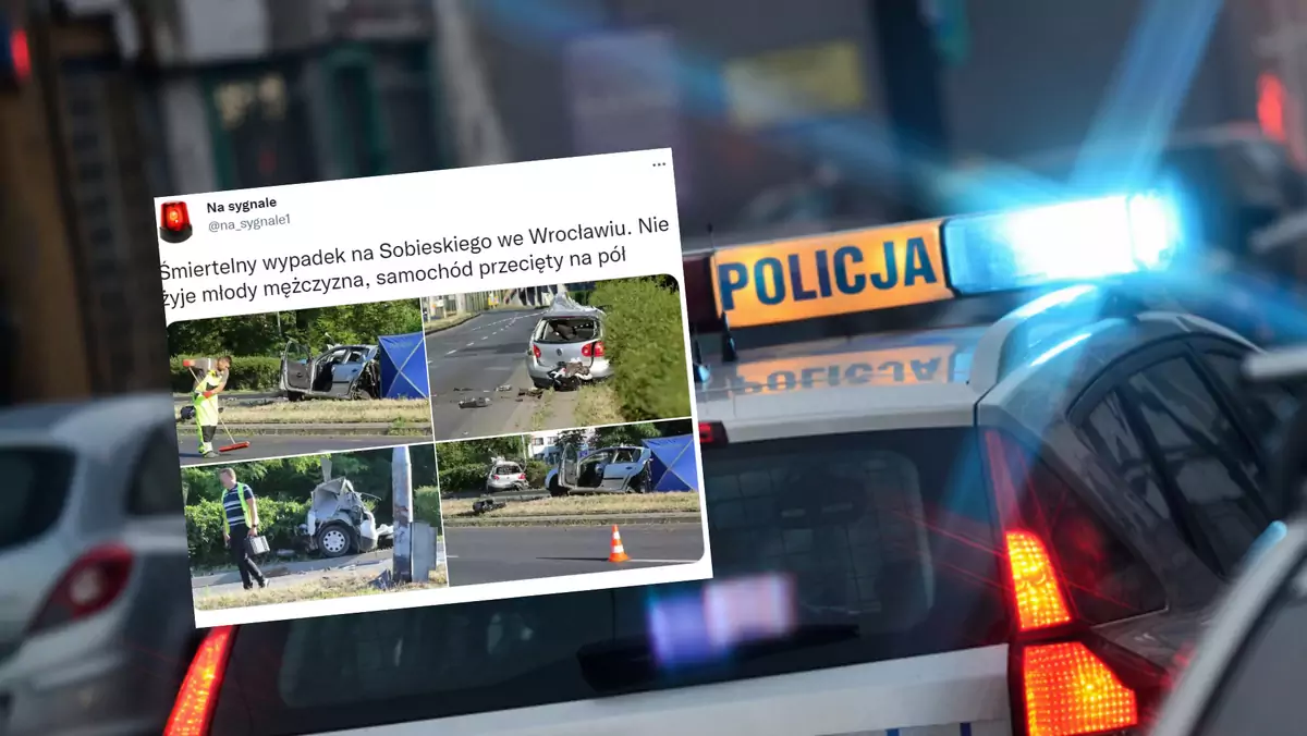 Przerażający wypadek we Wrocławiu. Samochód przecięty na pół [ZDJĘCIA] (fot. screen: Twitter/na_sygnale1)