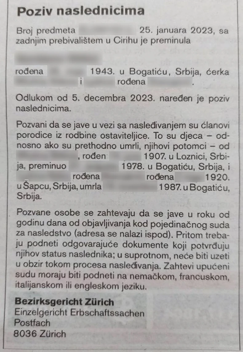 Švajcarski oglas za naslednike jedne Srpkinje