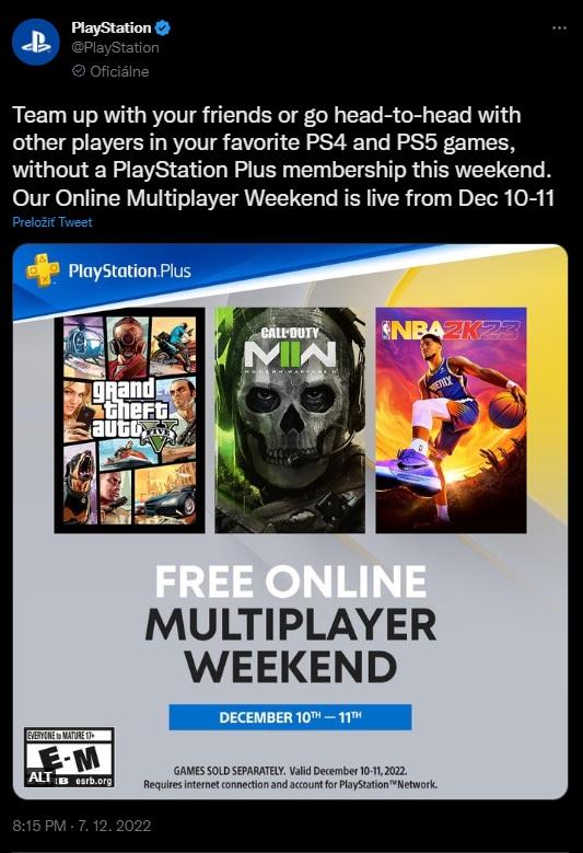 Multiplayer na PlayStation 4 a PlayStation 5 bude v dňoch 11.-12. decembra 2022 zadarmo.