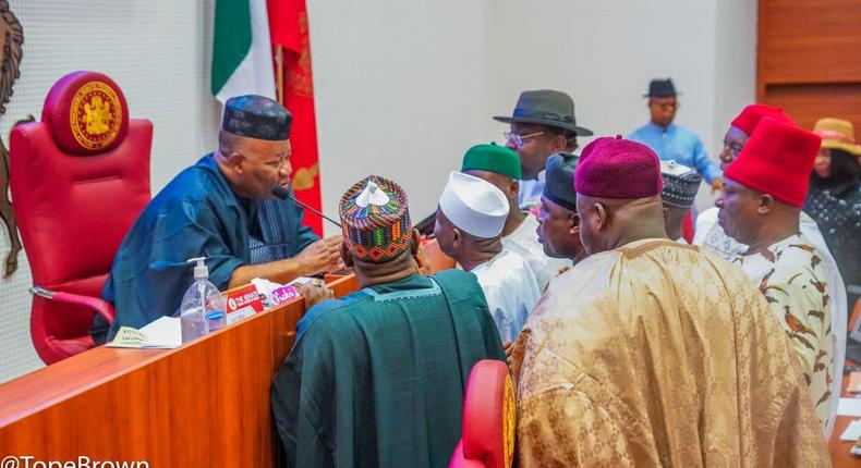 Nigerian senators with Senate President Godswill Akpabio (left) [Tope Brown]