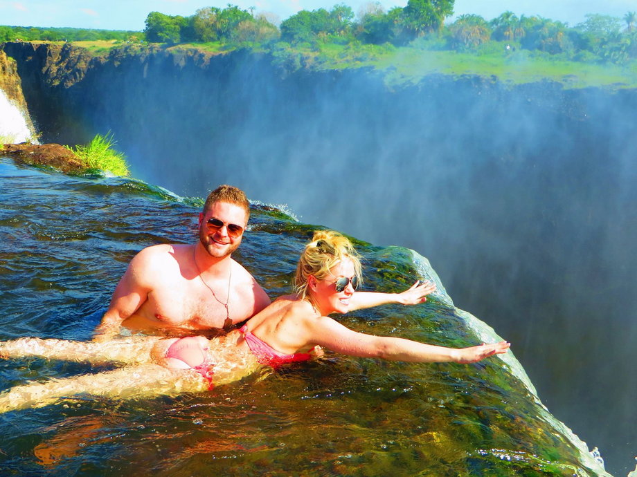 After taking a short boat ride and hiking across Livingstone Island, they got right up to the edge of the falls at a place known as Devil's Pool.