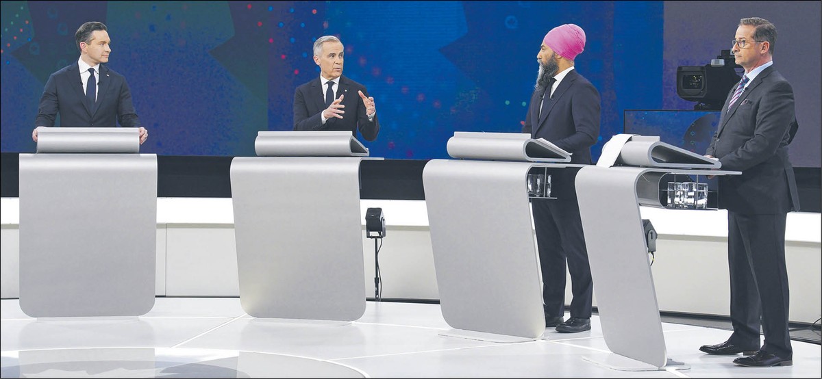 Debata liderów w Kanadzie. Od lewej: Pierre Poilievre (Partia Konserwatywna), Mark Carney (Partia Liberalna), Jagmeet Singh (Nowa Partia Demokratyczna) i Yves-François Blanchet (Blok Quebecki)