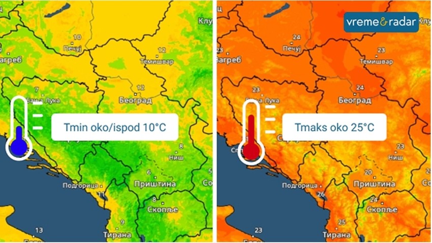 Minimalna temperatura oko i ispod 10 stepeni, maksimalna oko 25 stepeni