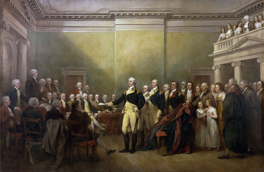 Generał Washington składa urząd Naczelnego Wodza, obraz Johna Trumbulla, 1817 rok, domena publiczna
