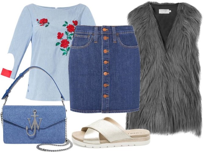 STYLIZACJE ze spódniczką mini: bluzka-Midori Feminine Fashion/midori.pl, kamizelka-Cotton Club/cottonclub.pl, buty-Caprice/caprice.pl, spódniczka, torebka-TK Maxx