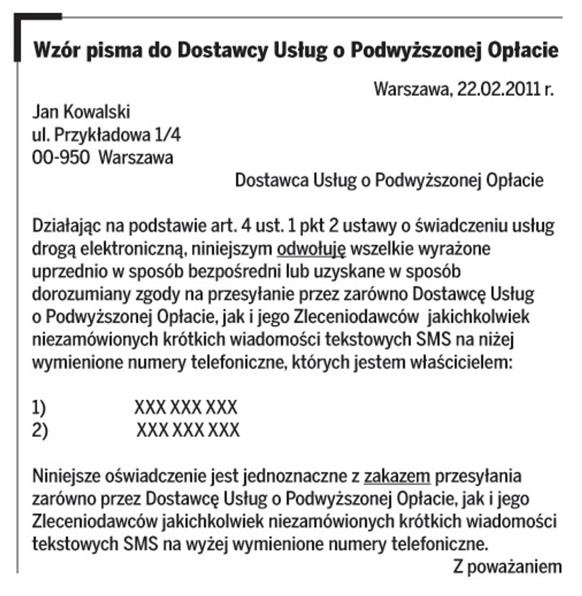Wzór pisma do Dostawcy usług o Podwyższonej Opłacie