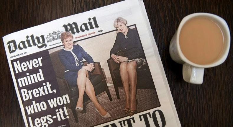 The Daily Mail newspaper's front page of Britain's Prime Minister Theresa May and Scotland's First Minister Nicola Sturgeon on March 28, 2017