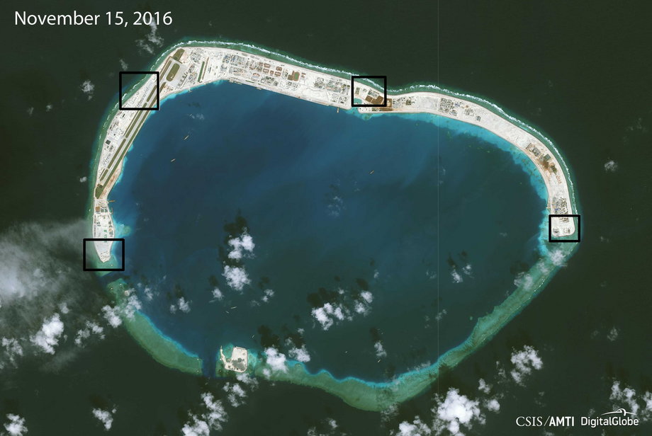 A photo highlighting the Chinese military infrastructure on Mischief Reef, including runways and possible radar outposts.
