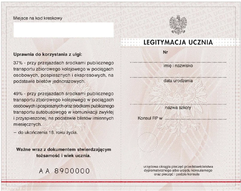 projekt, wzór, legitymacja ucznia, awers